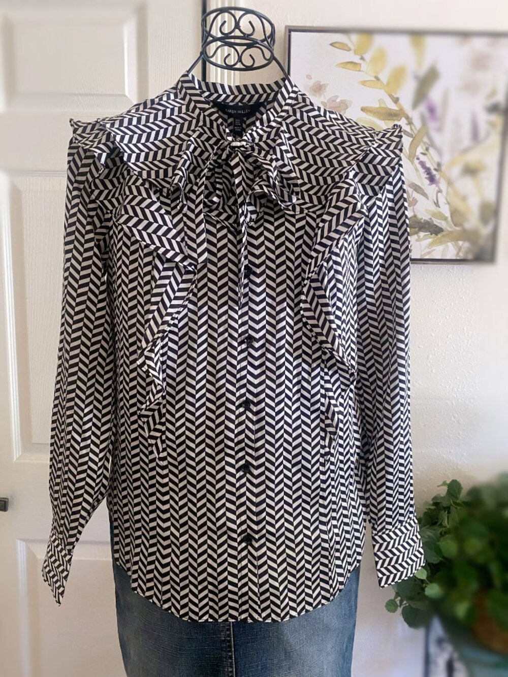 Karen Millen Black & White Chevron Ruffle-Front Long Sleeve Dress
